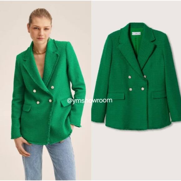 Mango Jackets & Blazers - Mango Blazer XXL Tweed Double Breasted Fringe Green Office Work Meetings Retro